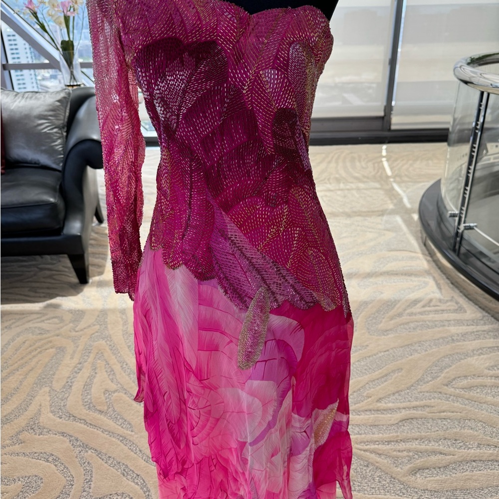 Vintage Hanae Mori Vibrant Fuchsia Hand Beaded Asymmetrical Dress - Picture 2 of 3